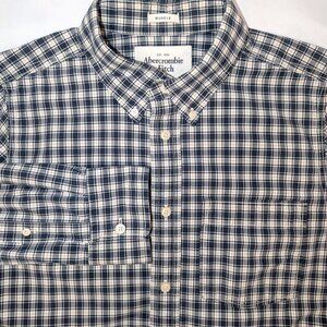 Abercrombie Men's | Y2K Cream & Navy Long Sleeve Cotton Muscle Button Down XL